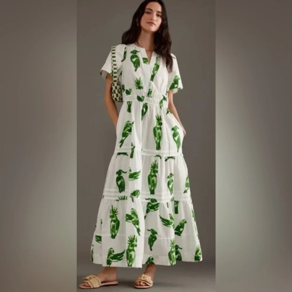 🌺 Anthropologie Somerset Maxi Dress Parrot Print Tiered 1X Cotton - Picture 1 of 5